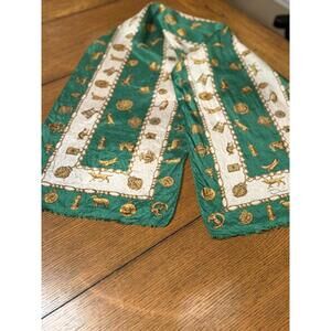 Vintage Oscar De La Renta Silk Scarf Green With Gold Designs 11x52”
